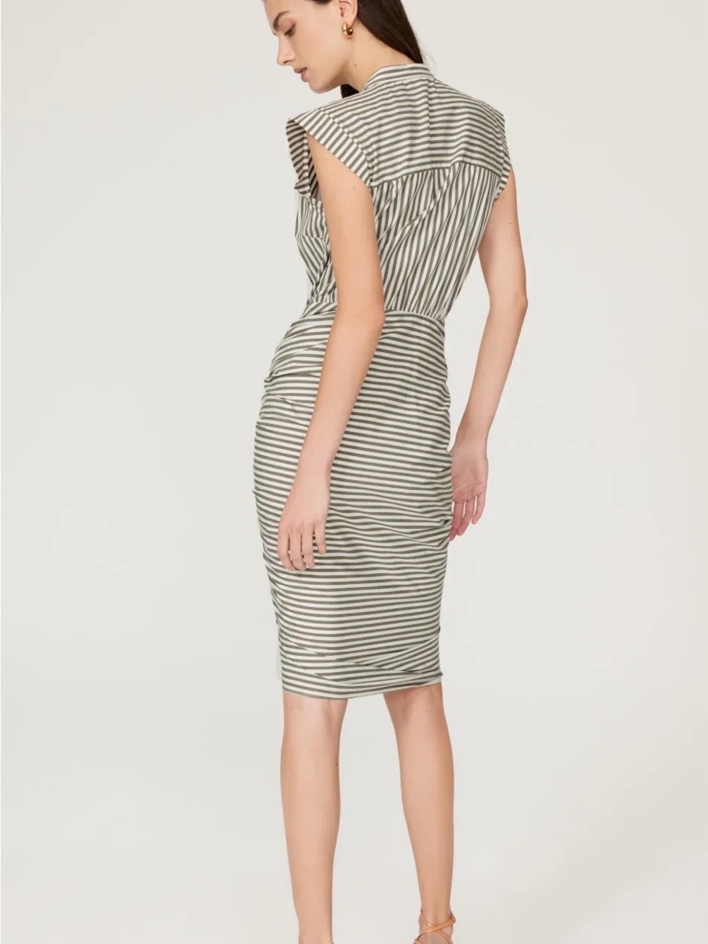 Striped Ruched dress- Olive/White - Picture 3 of 11